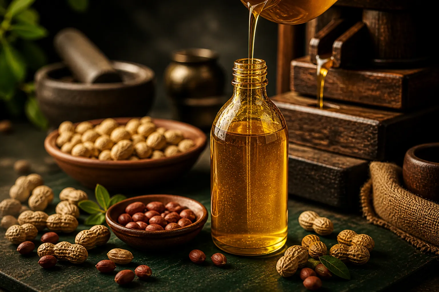 Freshly cold pressed groundnut oil being bottled same day in a glass bottle at Clover Nature Mills Abu Dhabi