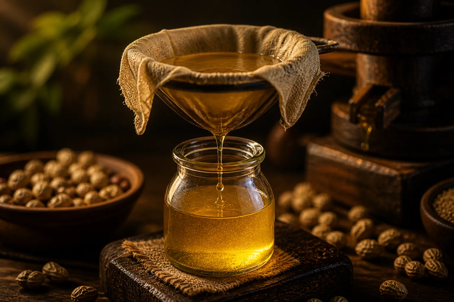 Natural gravity filtering of cold pressed oil at Clover Nature Mills