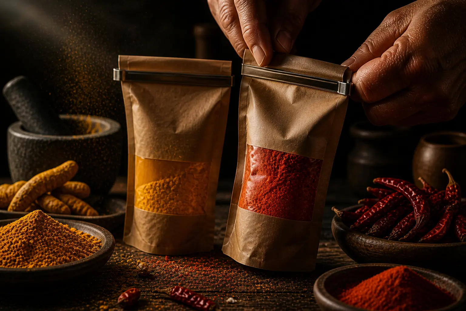 Freshly ground turmeric and red chilli powder sealed into airtight kraft pouches for same day dispatch at Clover Nature Mills Abu Dhabi