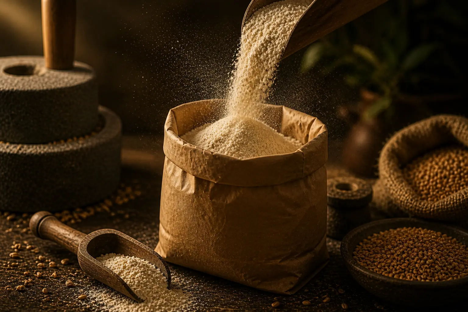 Freshly stone ground whole wheat flour being packed into kraft paper bag for immediate dispatch at Clover Nature Mills Abu Dhabi