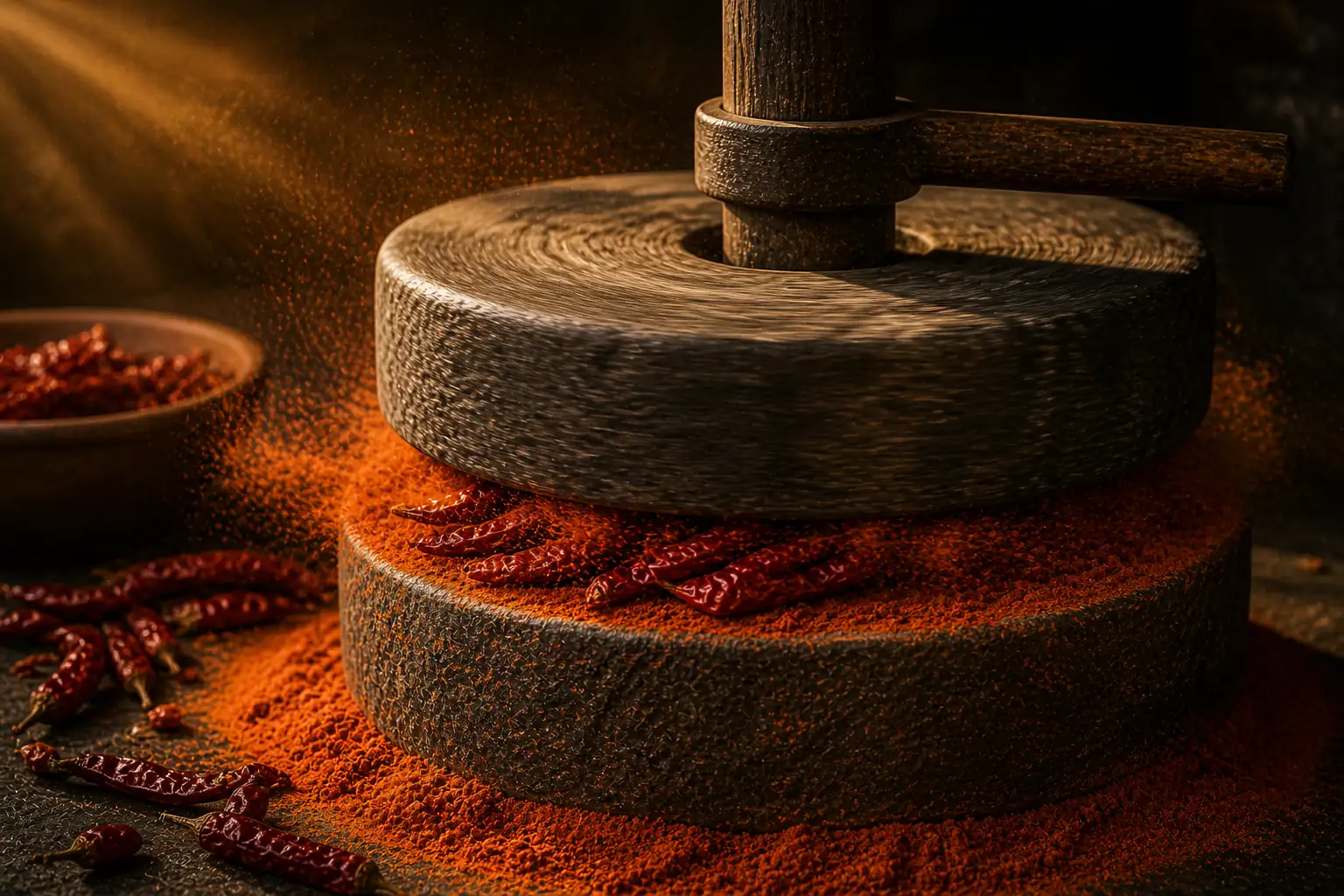 Traditional granite stone mill grinding whole red chillies into fresh red chilli powder at Clover Nature Mills Abu Dhabi