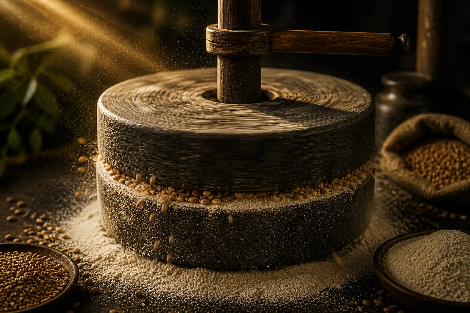 Traditional granite stone mill grinding whole wheat flour at Clover Nature Mills Abu Dhabi
