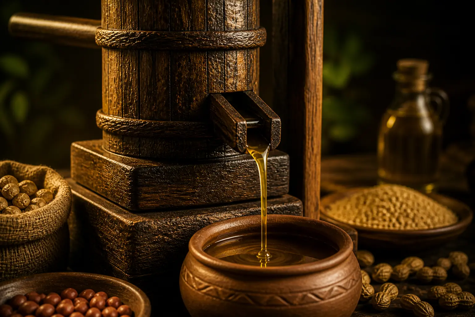 Traditional wooden cold press oil machine at Clover Nature Mills Abu Dhabi