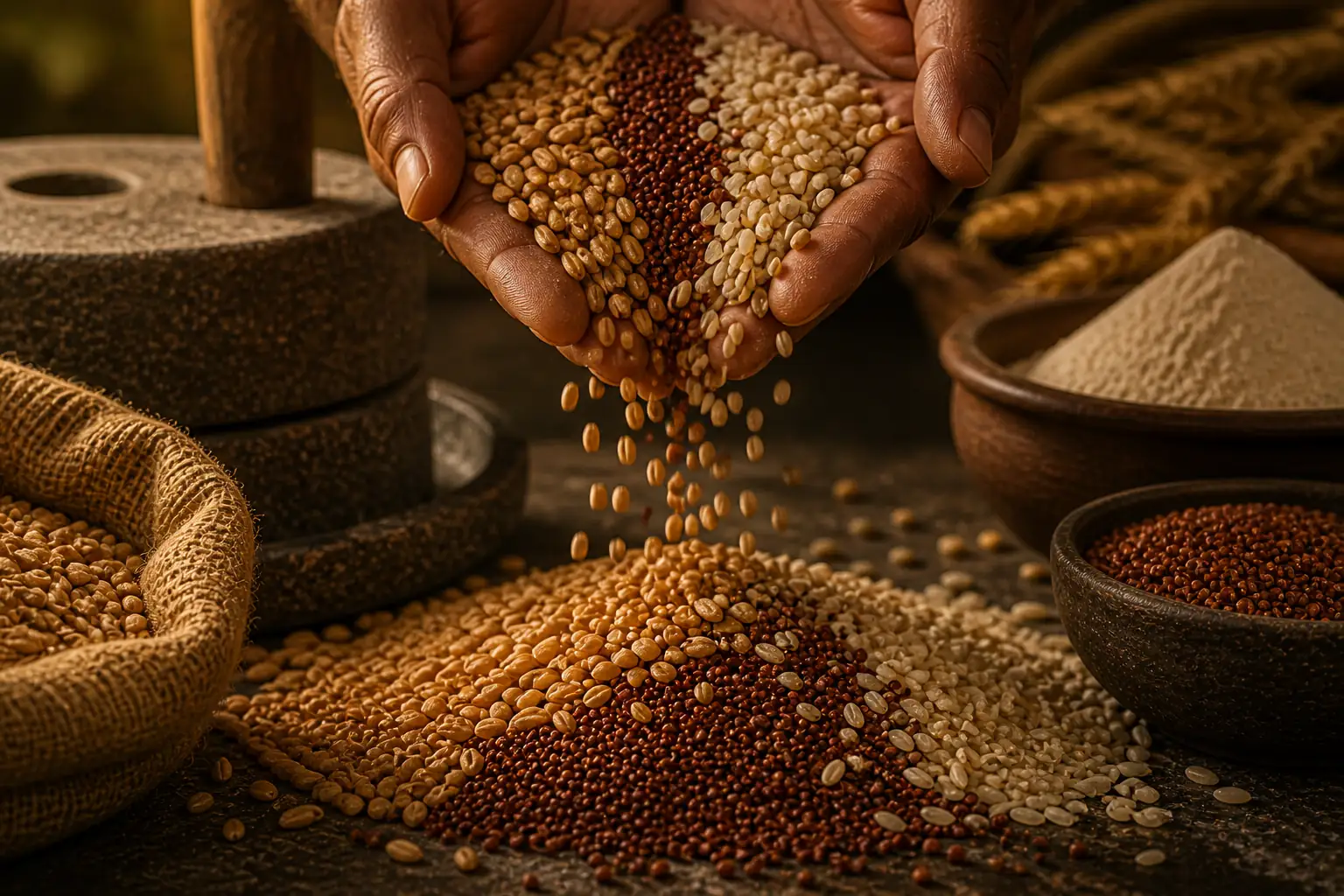 Artisan hands releasing whole wheat and ragi grains beside traditional granite millstone at Clover Nature Mills Abu Dhabi