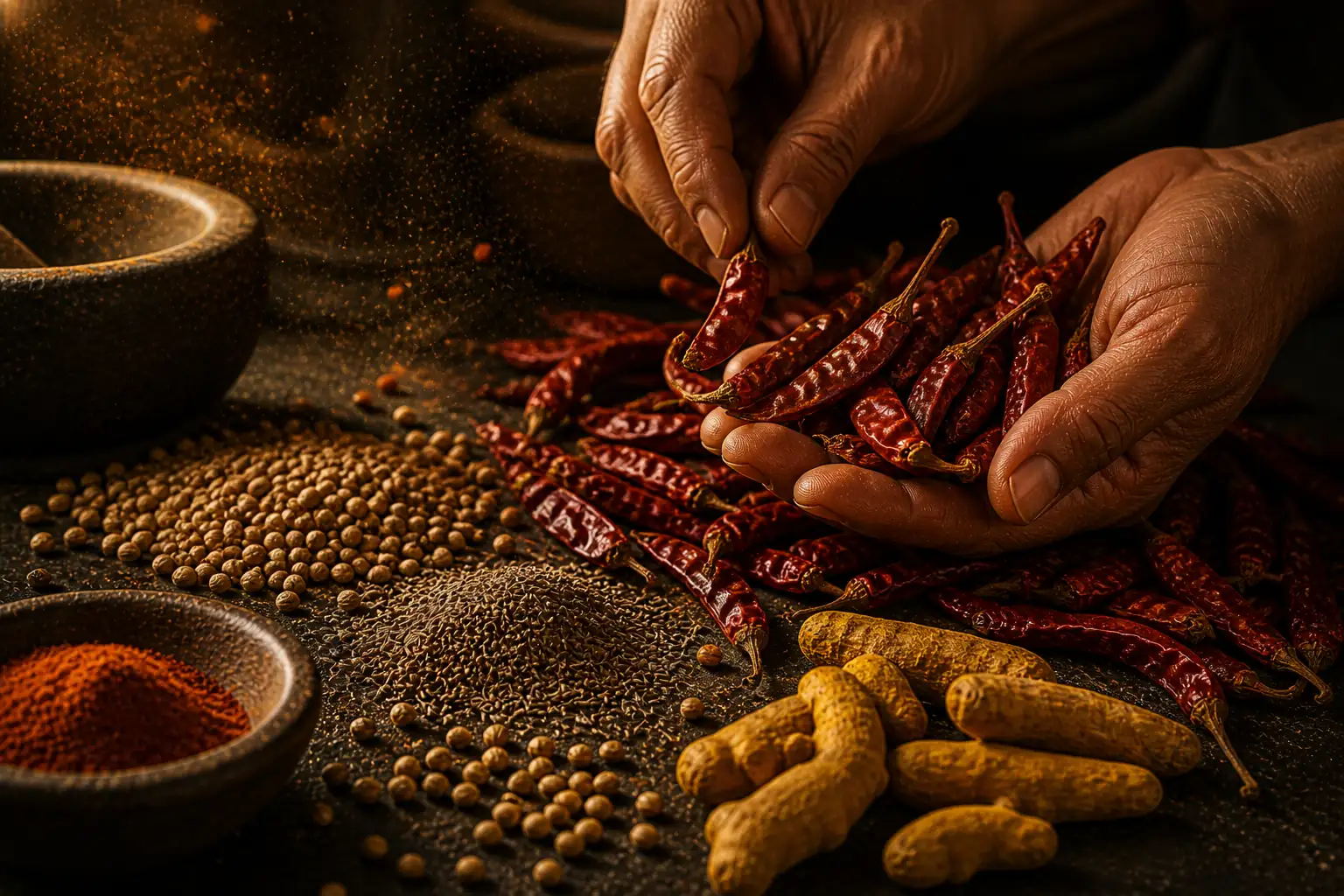 Artisan hands sorting whole dried red chillies cumin coriander and turmeric before stone grinding at Clover Nature Mills Abu Dhabi